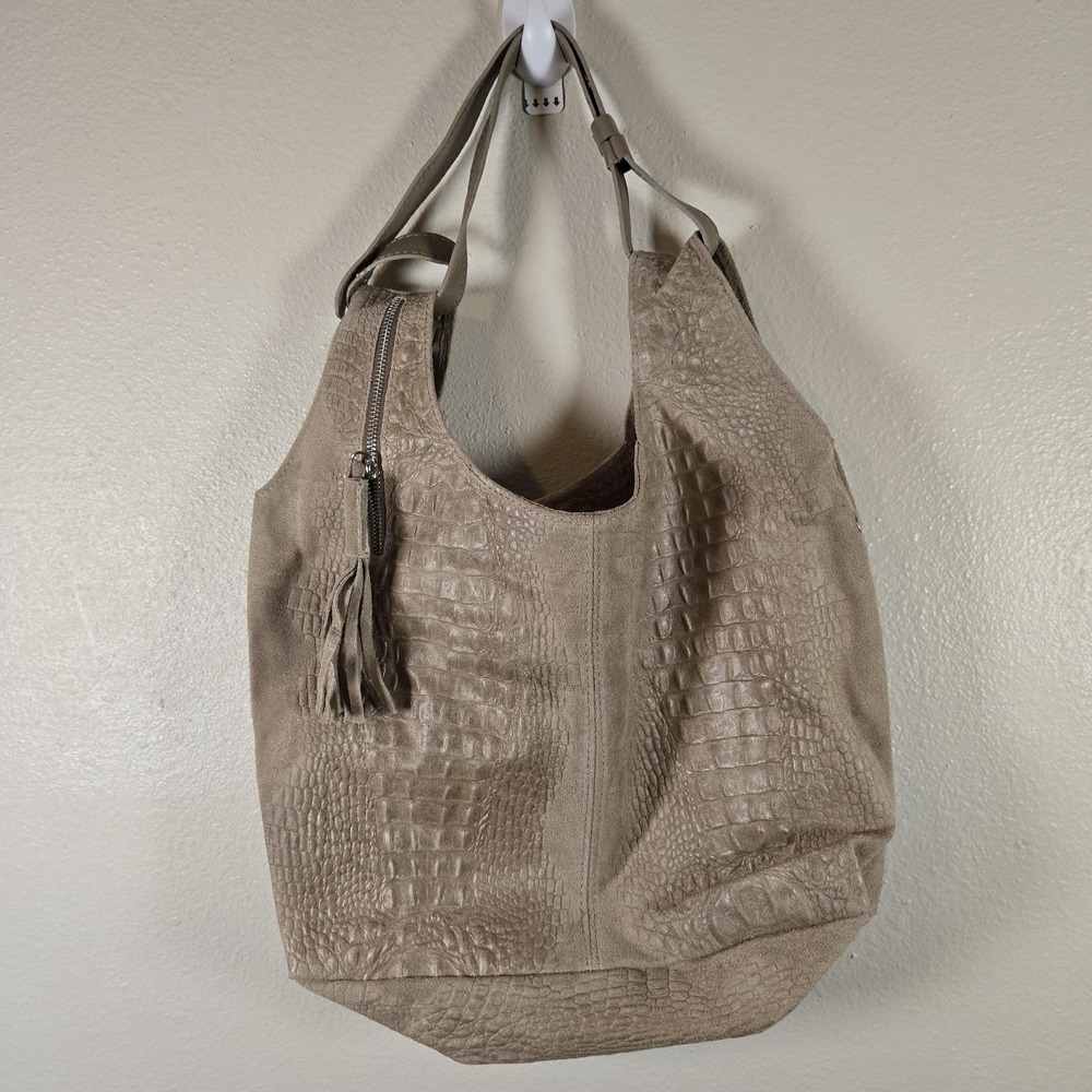Vera Pelle Taupe Croc-Embossed Suede Hobo Bag